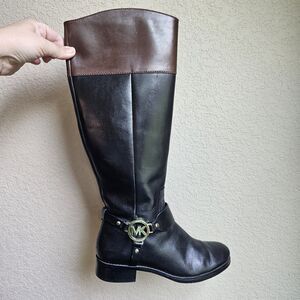 MK Michael Kors leather Fulton Harness Boots ST14H Black & Mocha Full Zip Sz 6.5